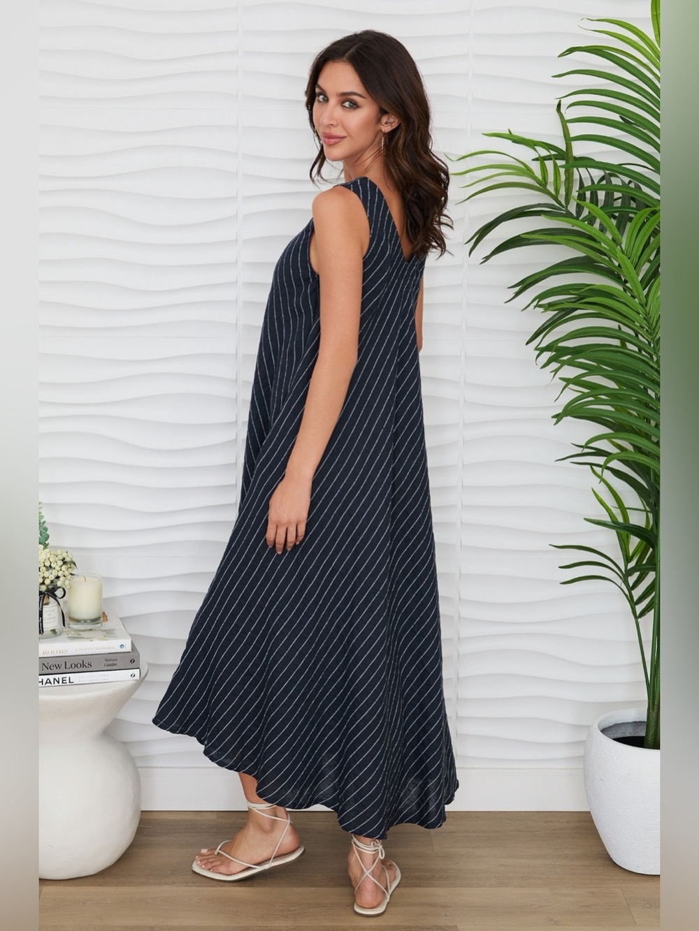 (155094R-TEXTURESTRIPE-W/N) TEXTURED STRIPE LINEN V-NECK MAXI TANK DRESS - Picture 3 of 3